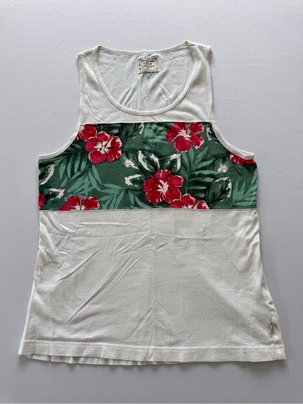 Abercrombie & Fitch White Tank with Green Floral Band and Red Hibiscus Accents